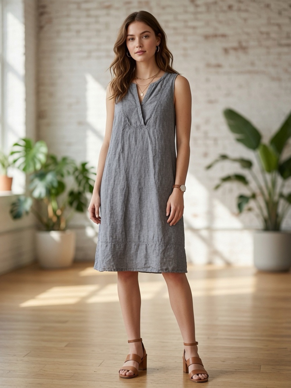Kenar 100% Linen Gray Sleeveless V-Neck Tunic Dress Size 4